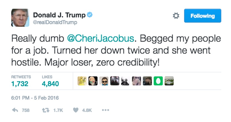President-elect Donald Trump’s tweet saying that political strategist Cheryl Jacobus had begged for a job (Twitter)